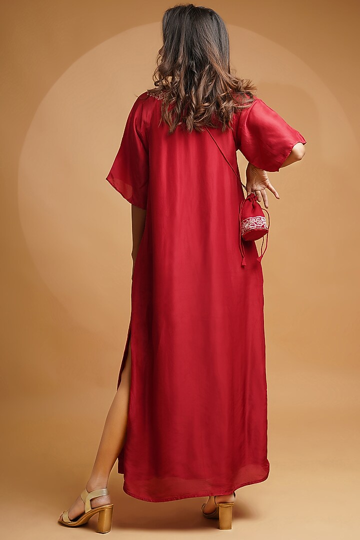 Fiery Red Embroidered Kaftan With Potli by Label Anshita Garg at Pernia's Pop Up Shop
