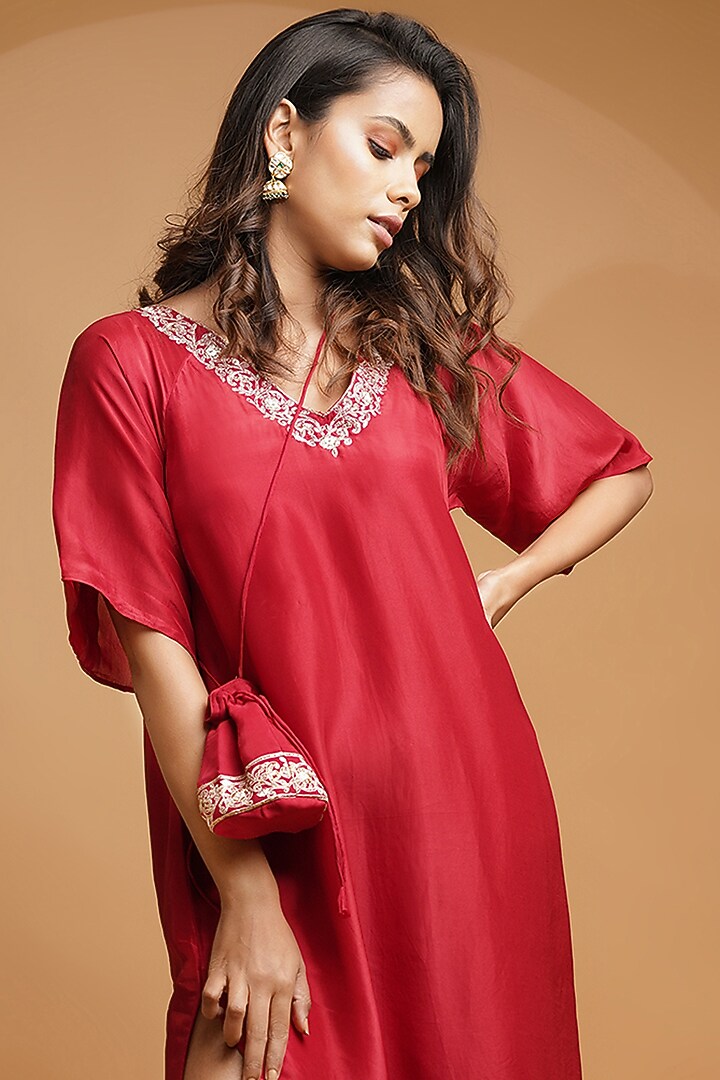 Fiery Red Embroidered Kaftan With Potli by Label Anshita Garg at Pernia's Pop Up Shop