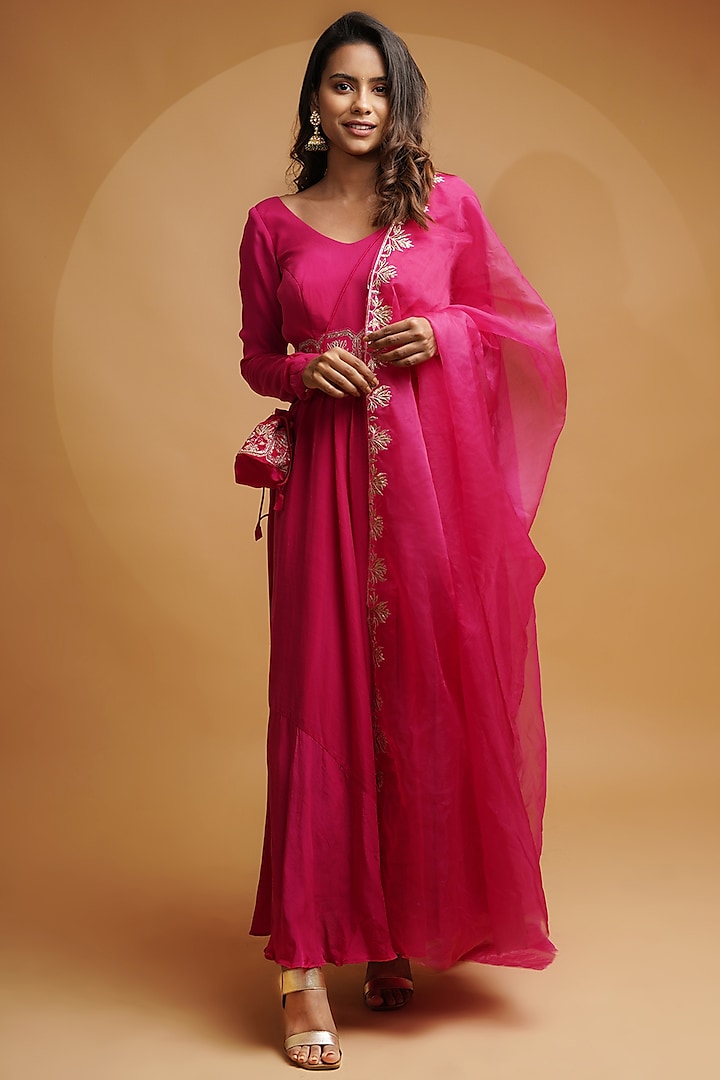 Hot Pink Embroidered Anarkali Set by Label Anshita Garg
