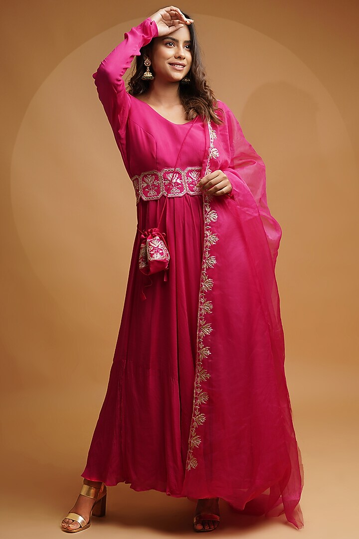 Hot Pink Embroidered Party Wear Anarkali Set by Label Anshita Garg at Pernia's Pop Up Shop