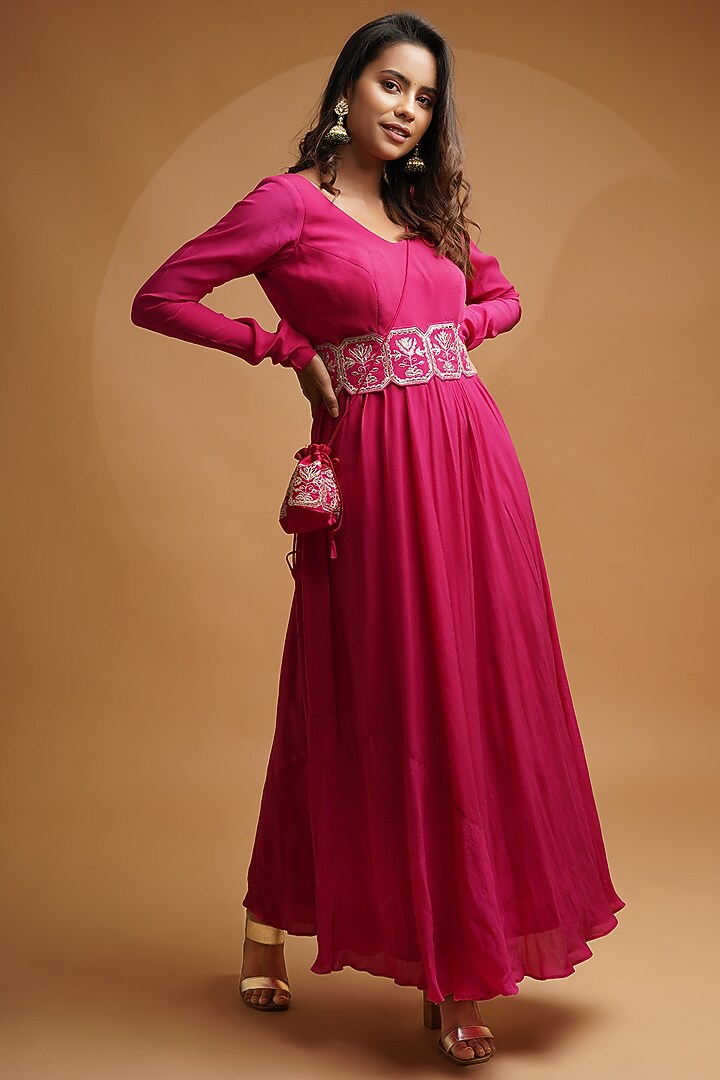 Hot Pink Embroidered Party Wear Anarkali Set by Label Anshita Garg at Pernia's Pop Up Shop