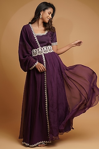 Purple Hand Embroidered Anarkali Set by Label Anshita Garg