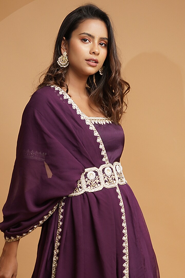Purple Hand Embroidered Party Wear Anarkali Set by Label Anshita Garg at Pernia's Pop Up Shop