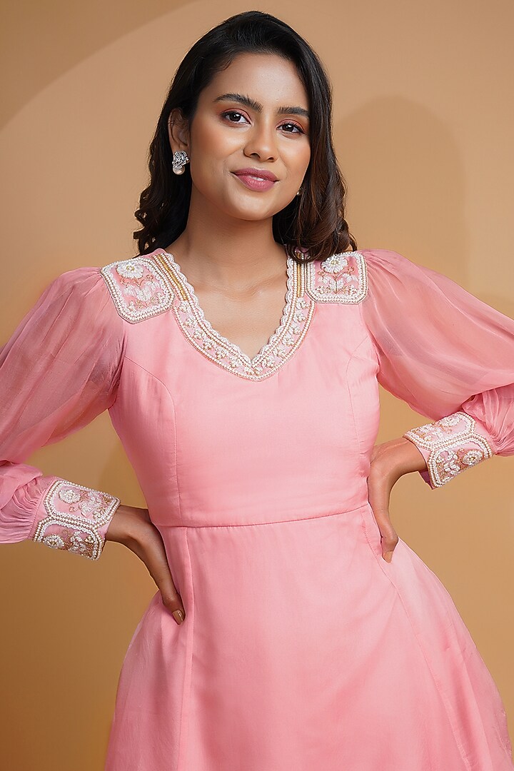Powder Pink Hand Embroidered Mini Vacation Dress by Label Anshita Garg at Pernia's Pop Up Shop