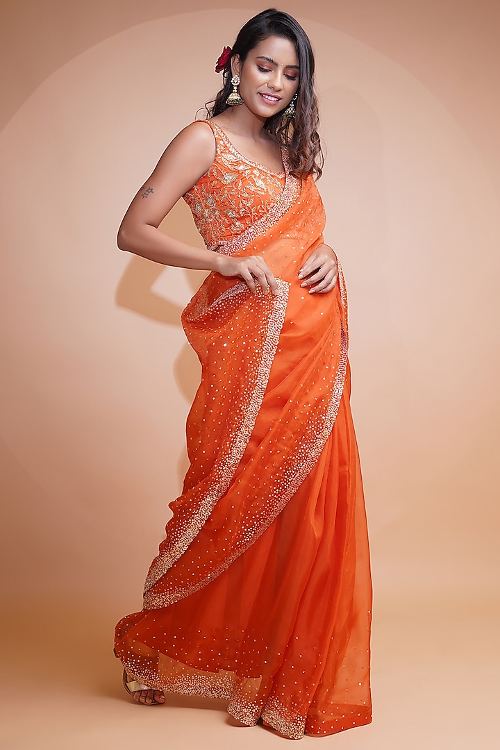 Orange Hand Embroidered Saree Set by Label Anshita Garg