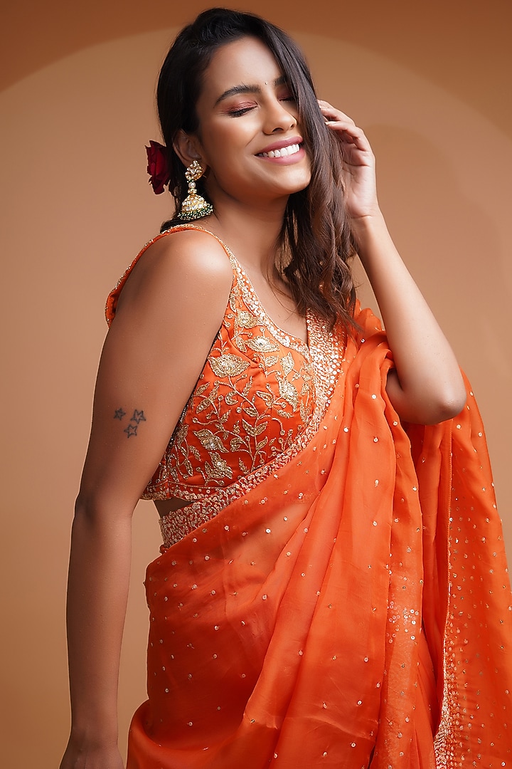 Orange Hand Embroidered Wedding Saree Set by Label Anshita Garg at Pernia's Pop Up Shop