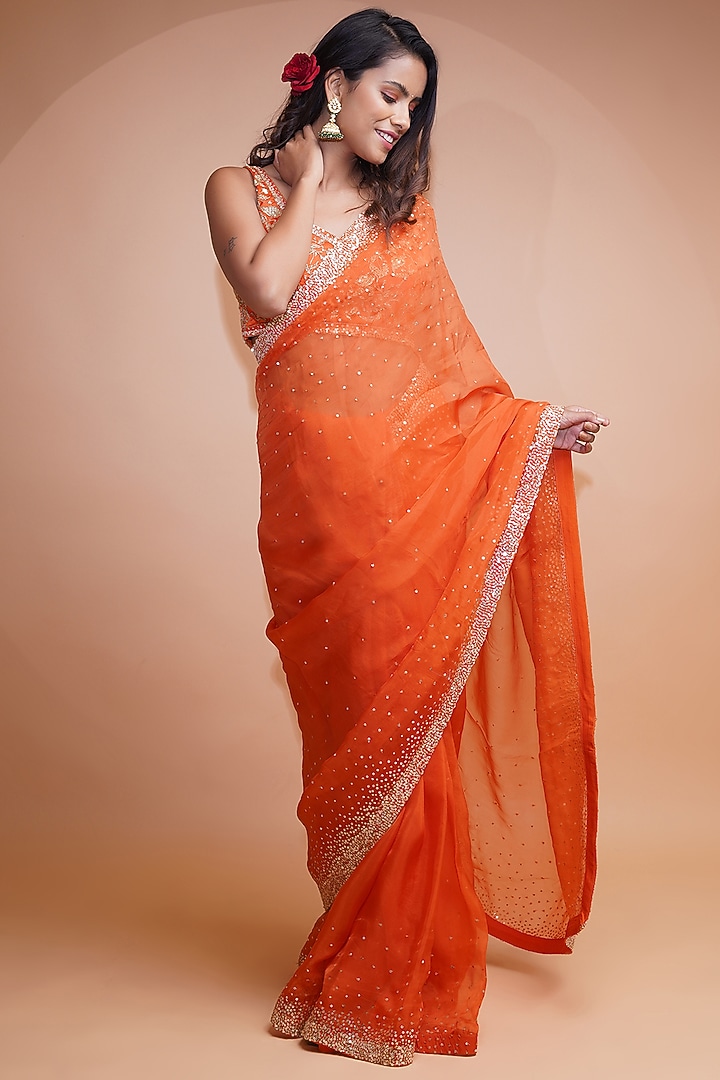 Orange Hand Embroidered Wedding Saree Set by Label Anshita Garg at Pernia's Pop Up Shop