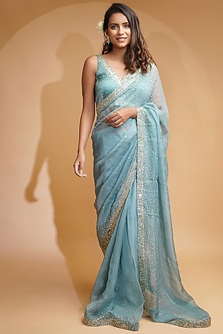 Powder Blue Hand Embroidered Saree Set by Label Anshita Garg