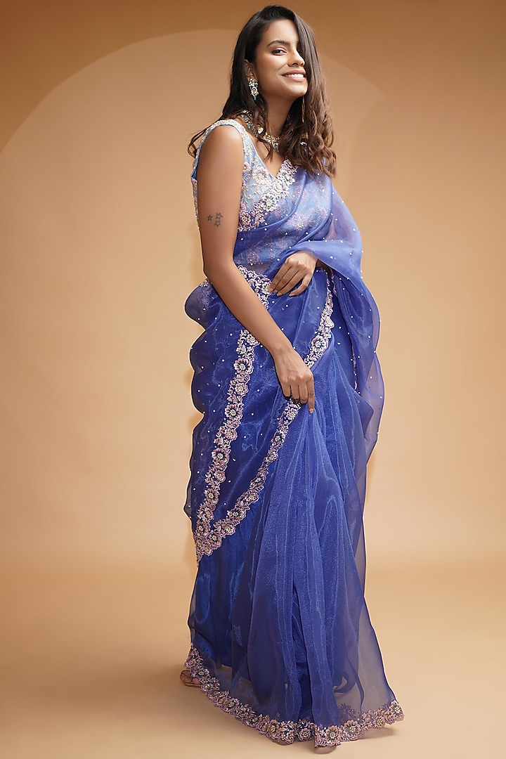 Royal Blue Hand Embroidered Saree Set by Label Anshita Garg