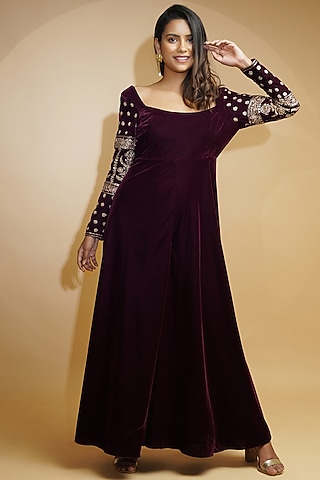 Maroon Hand Embroidered Jumpsuit by Label Anshita Garg