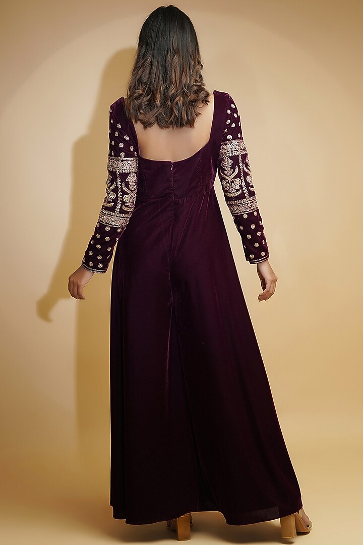 Maroon Hand Embroidered Jumpsuit by Label Anshita Garg at Pernia's Pop Up Shop