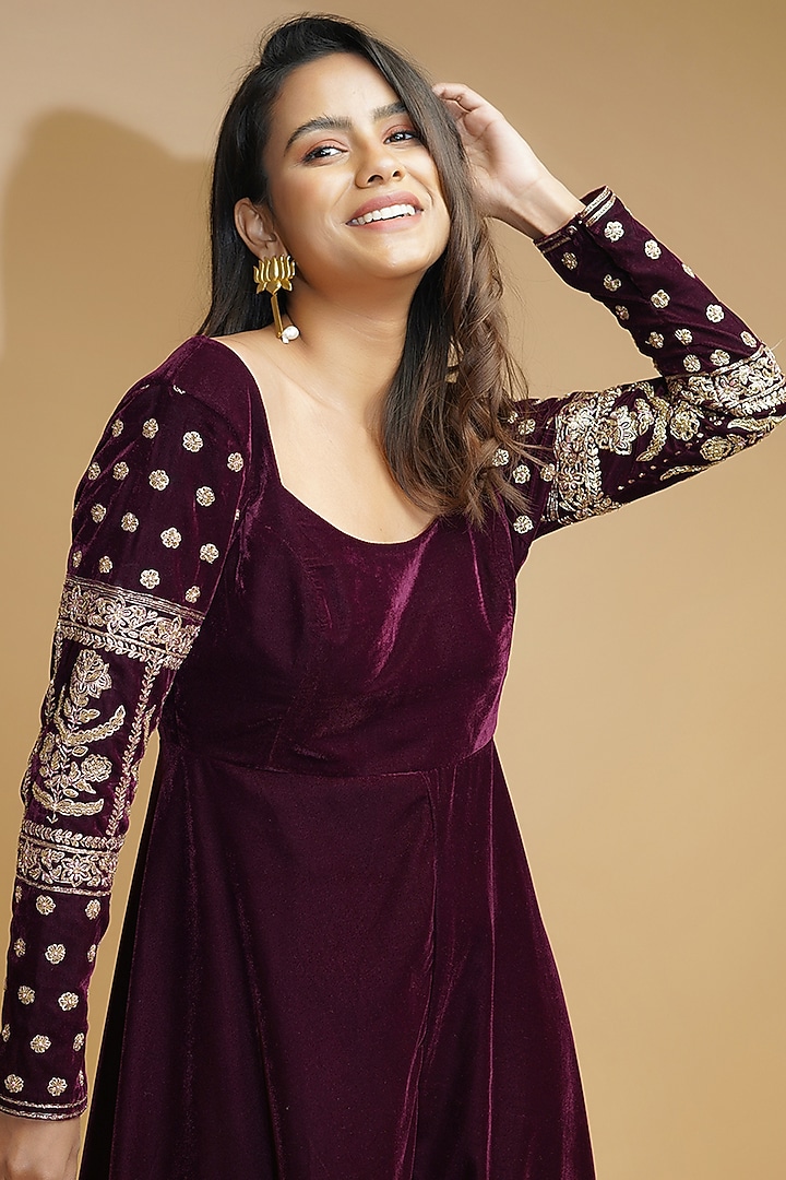 Maroon Hand Embroidered Jumpsuit by Label Anshita Garg at Pernia's Pop Up Shop