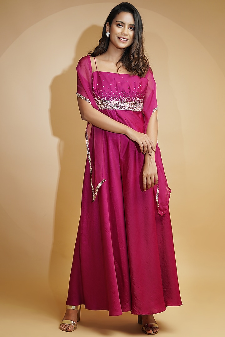 Rose Pink Hand Embroidered Jumpsuit With Dupatta by Label Anshita Garg