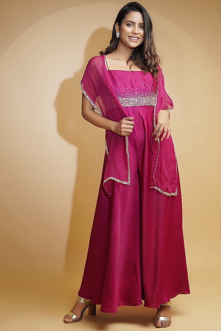 Rose Pink Hand Embroidered Jumpsuit With Dupatta by Label Anshita Garg at Pernia's Pop Up Shop