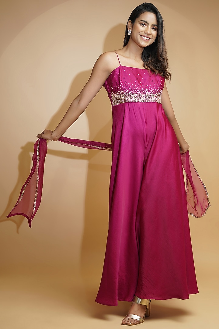Rose Pink Hand Embroidered Jumpsuit With Dupatta by Label Anshita Garg at Pernia's Pop Up Shop