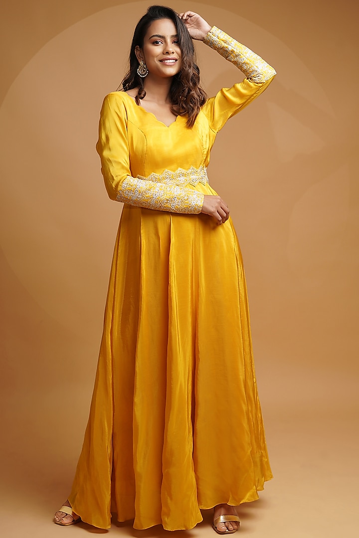 Yellow Embroidered Anarkali Set by Label Anshita Garg