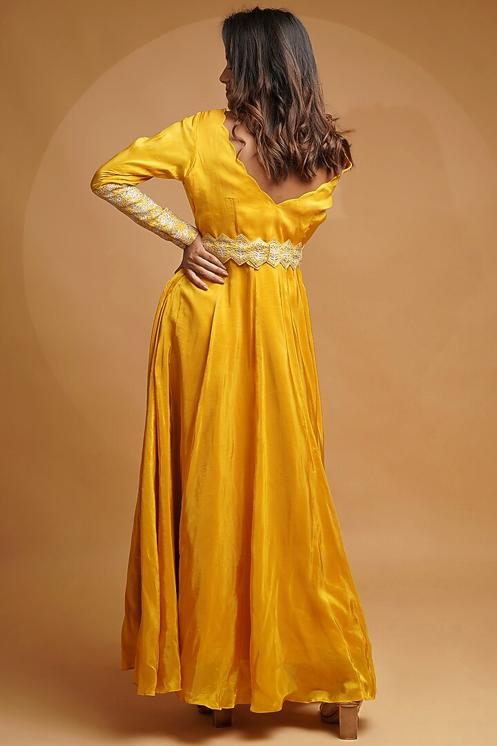 Yellow Embroidered Party Wear Anarkali Set by Label Anshita Garg at Pernia's Pop Up Shop