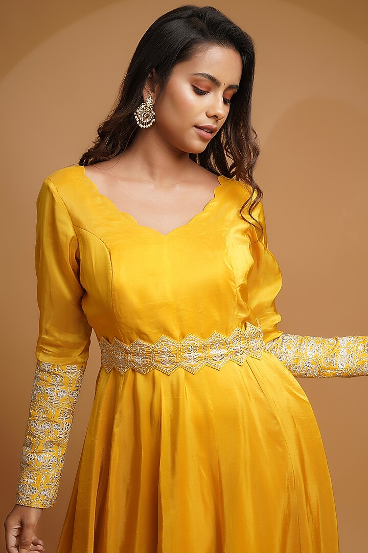 Yellow Embroidered Party Wear Anarkali Set by Label Anshita Garg at Pernia's Pop Up Shop