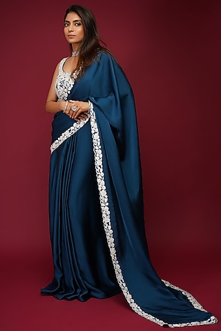 Sapphire Blue Embroidered Pre-Draped Saree Set by Label Anshita Garg