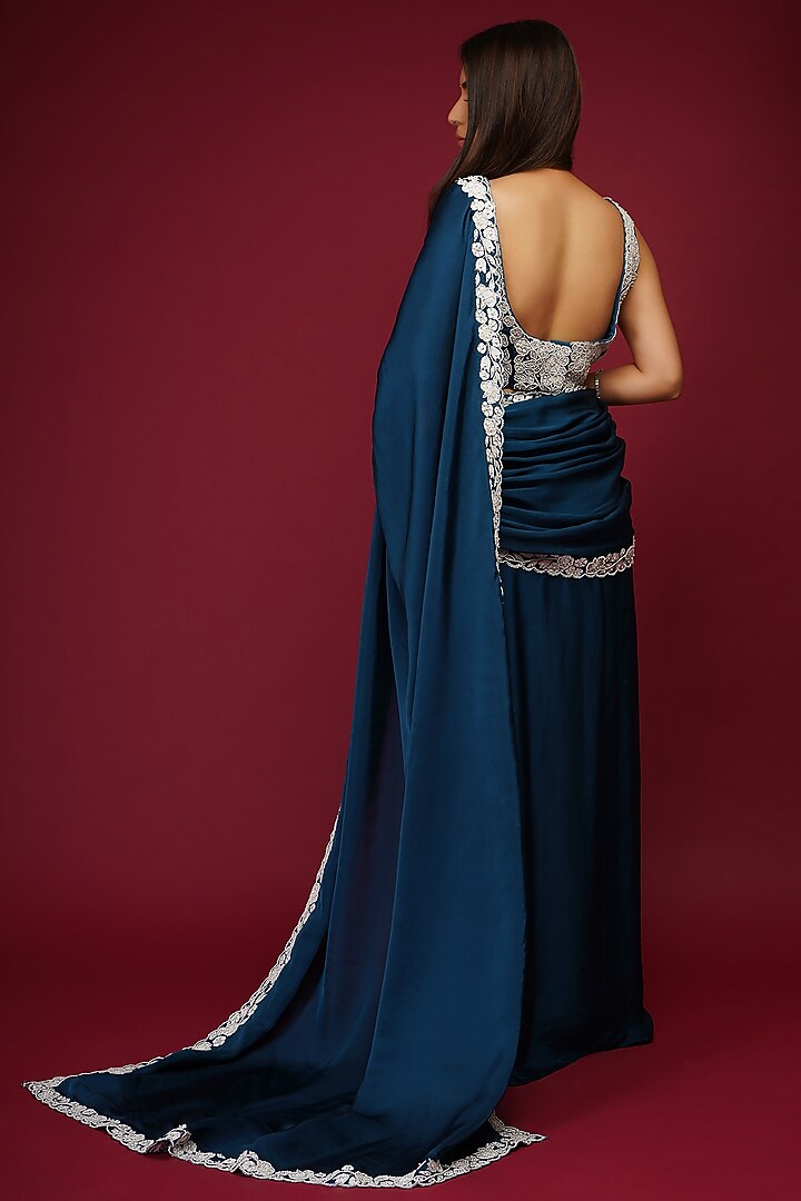 Sapphire Blue Embroidered Pre-Draped Wedding Saree Set by Label Anshita Garg at Pernia's Pop Up Shop
