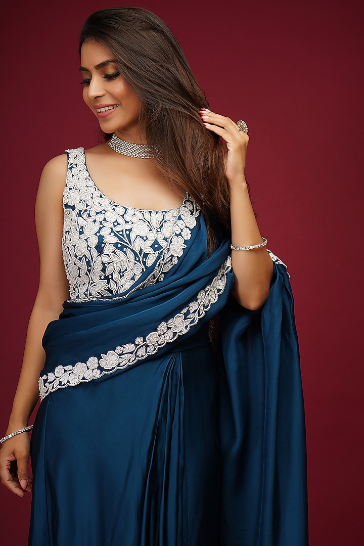 Sapphire Blue Embroidered Pre-Draped Wedding Saree Set by Label Anshita Garg at Pernia's Pop Up Shop