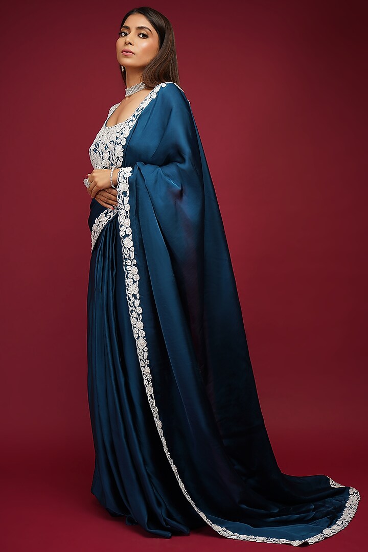 Sapphire Blue Embroidered Pre-Draped Wedding Saree Set by Label Anshita Garg at Pernia's Pop Up Shop