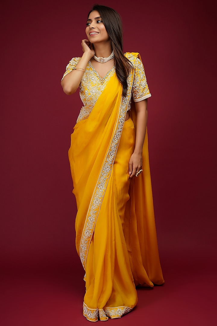 Sunshine Yellow Embroidered Saree Set by Label Anshita Garg