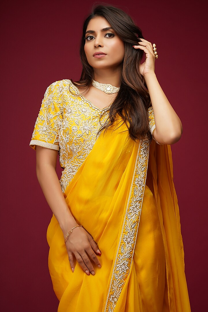 Sunshine Yellow Embroidered Wedding Saree Set by Label Anshita Garg at Pernia's Pop Up Shop