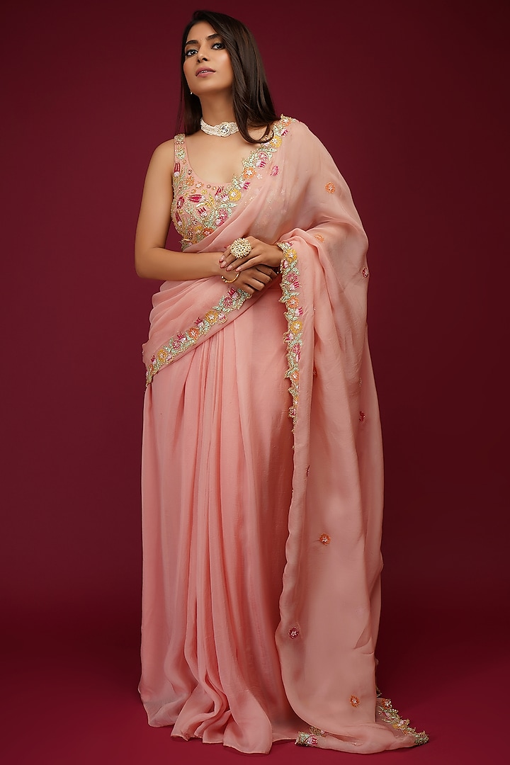 Peach Embroidered Pre-Draped Saree Set by Label Anshita Garg