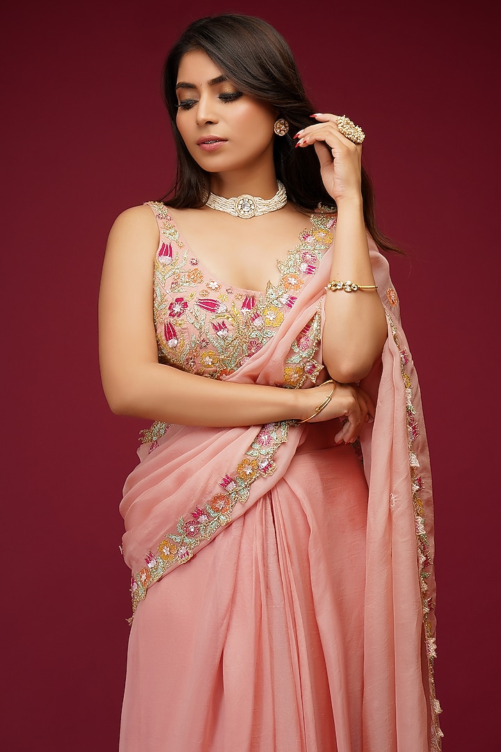 Peach Embroidered Pre-Draped Wedding Saree Set by Label Anshita Garg at Pernia's Pop Up Shop