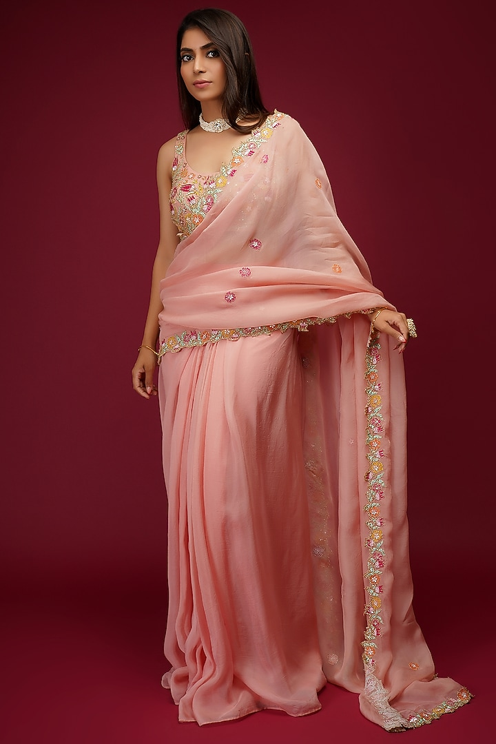 Peach Embroidered Pre-Draped Wedding Saree Set by Label Anshita Garg at Pernia's Pop Up Shop