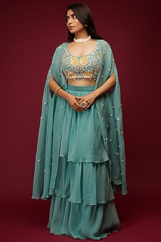 Teal Green Organza Skirt Set With Cape by Label Anshita Garg