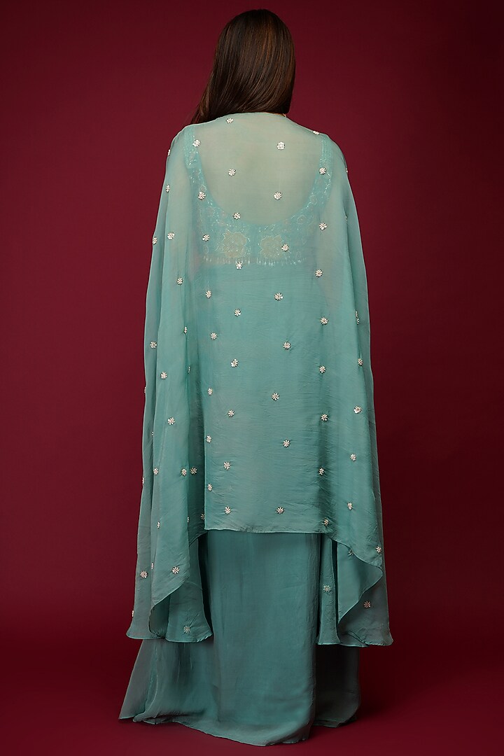 Teal Green Organza Skirt Set With Cape by Label Anshita Garg at Pernia's Pop Up Shop