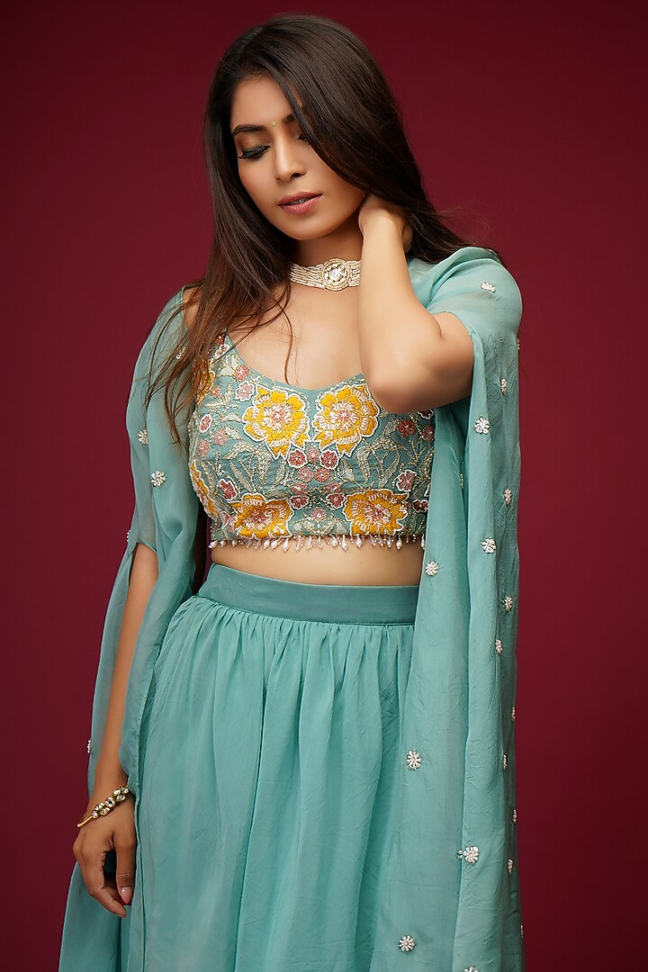 Teal Green Organza Skirt Set With Cape by Label Anshita Garg at Pernia's Pop Up Shop