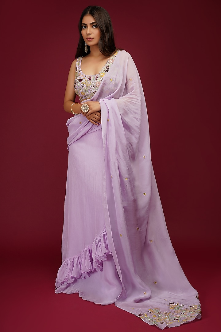 Lavender Embroidered Pre-Draped Saree Set by Label Anshita Garg