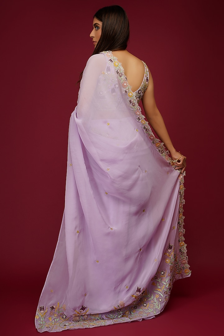 Lavender Embroidered Pre-Draped Party Wear Saree Set by Label Anshita Garg at Pernia's Pop Up Shop