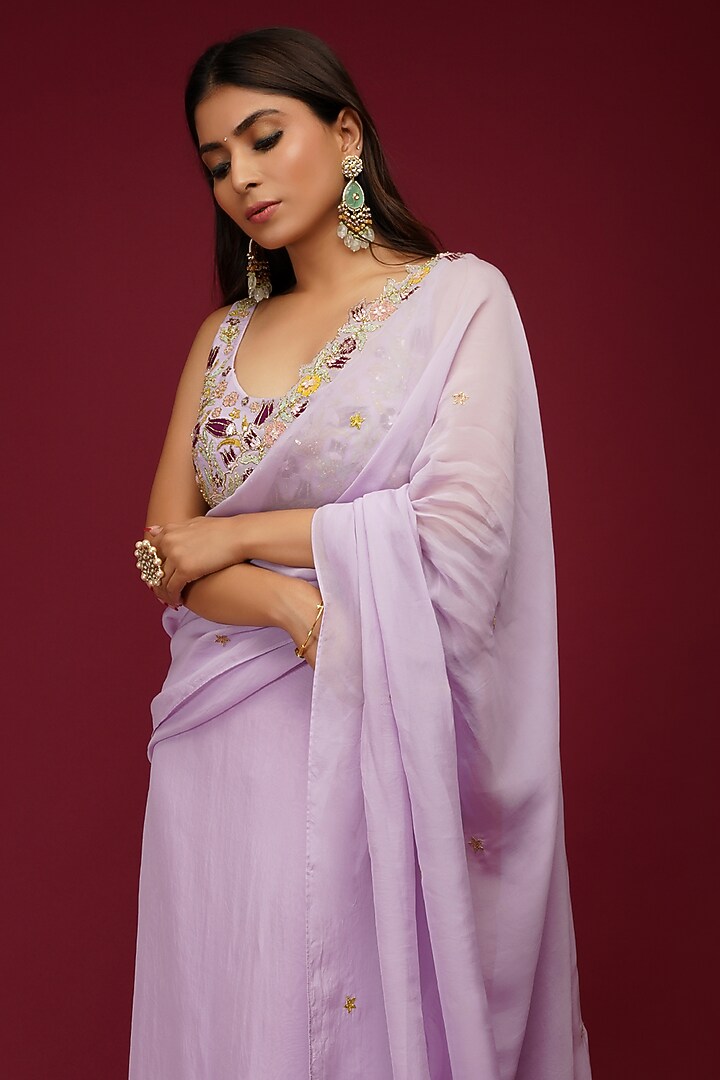 Lavender Embroidered Pre-Draped Party Wear Saree Set by Label Anshita Garg at Pernia's Pop Up Shop