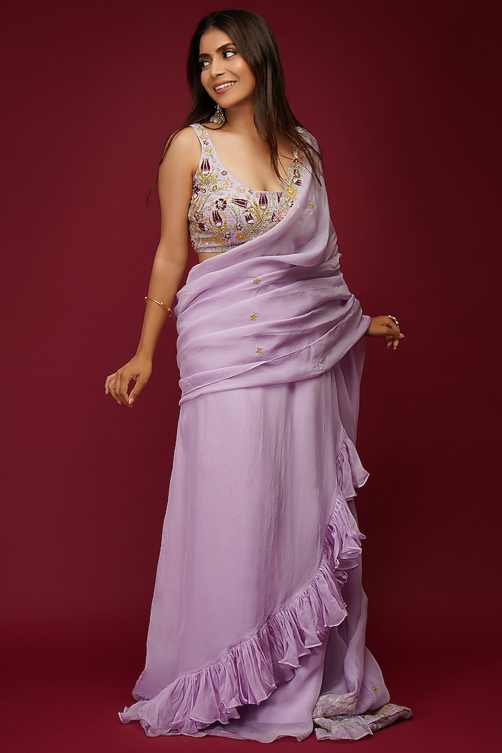 Lavender Embroidered Pre-Draped Party Wear Saree Set by Label Anshita Garg at Pernia's Pop Up Shop