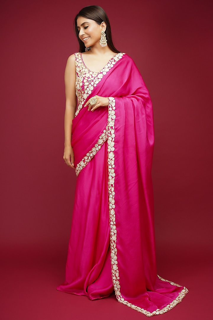 Hot Pink Embroidered Pre-Draped Saree Set by Label Anshita Garg
