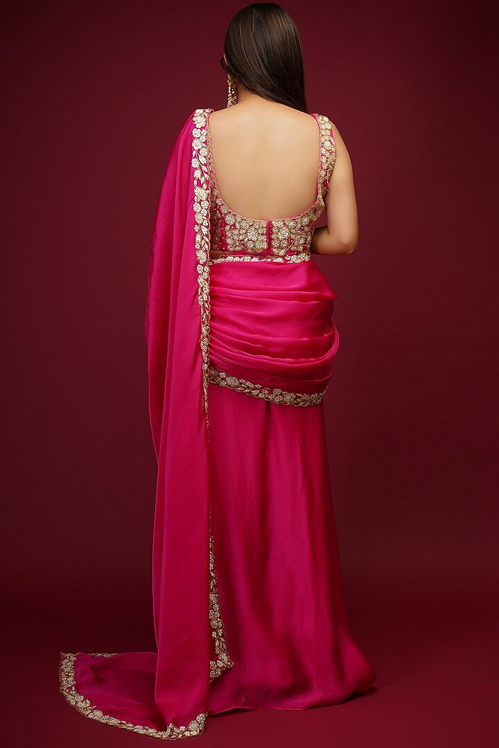 Hot Pink Embroidered Pre-Draped Wedding Saree Set by Label Anshita Garg at Pernia's Pop Up Shop