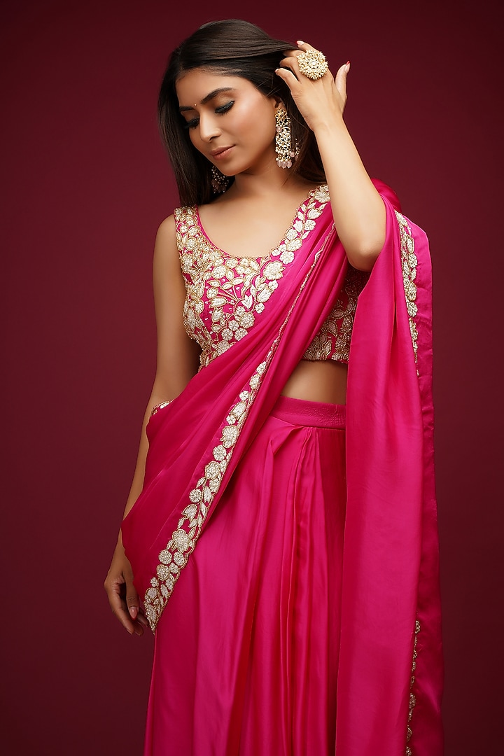 Hot Pink Embroidered Pre-Draped Wedding Saree Set by Label Anshita Garg at Pernia's Pop Up Shop