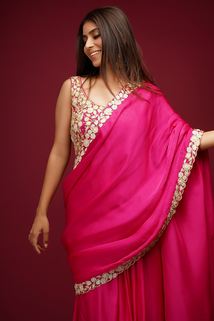 Hot Pink Embroidered Pre-Draped Wedding Saree Set by Label Anshita Garg at Pernia's Pop Up Shop