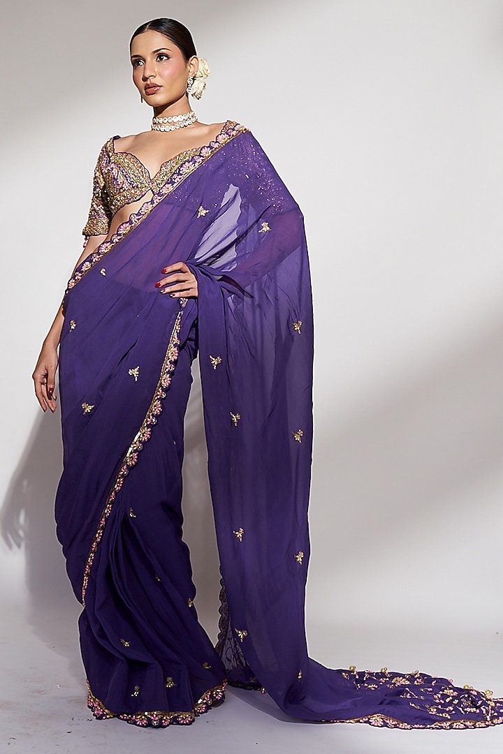 Purple Organza Sequins Embellished Wedding Saree Set by Anshika Tak Label at Pernia's Pop Up Shop