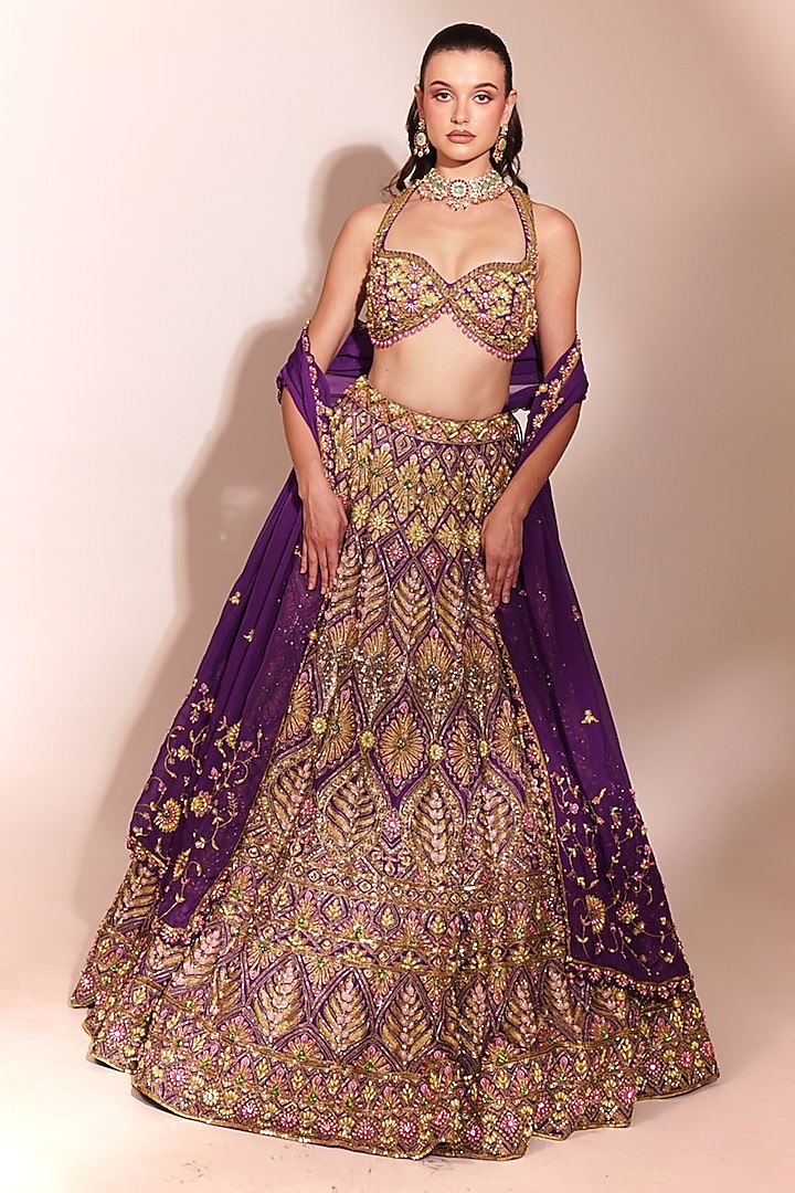 Amethyst Purple Tussar Silk Sequins Embroidered Bridal Lehenga Set by Anshika Tak Label at Pernia's Pop Up Shop