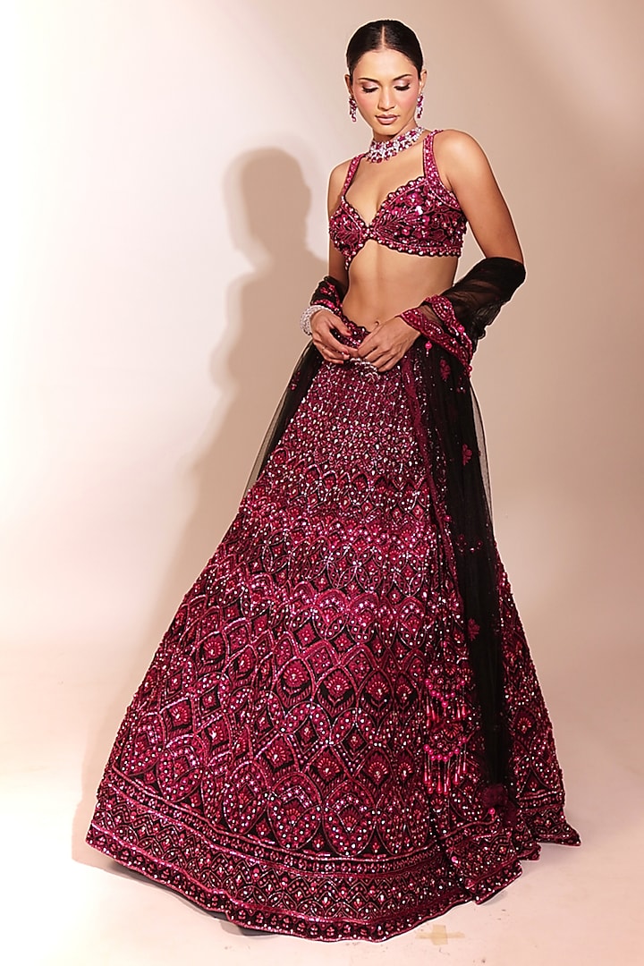 Wine Red Tussar Silk Sequins Work Bridal Lehenga Set by Anshika Tak Label at Pernia's Pop Up Shop