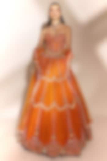 Tangerine Orange Tussar Silk Sequins Embellished Bridal Lehenga Set by Anshika Tak Label at Pernia's Pop Up Shop
