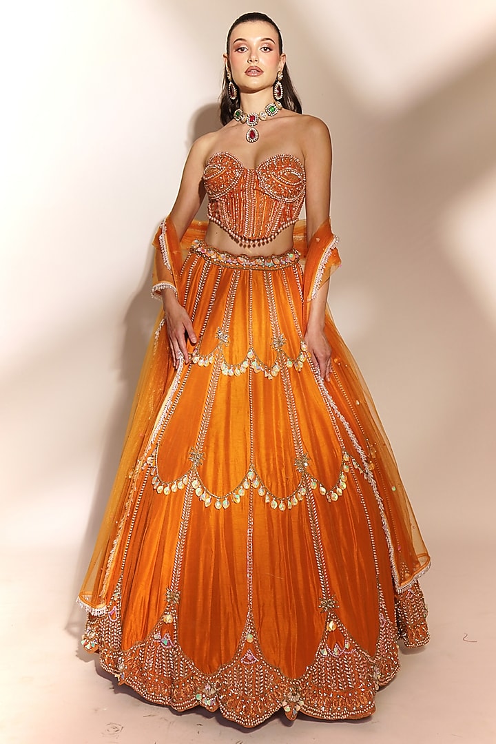 Tangerine Orange Tussar Silk Sequins Embellished Bridal Lehenga Set by Anshika Tak Label at Pernia's Pop Up Shop