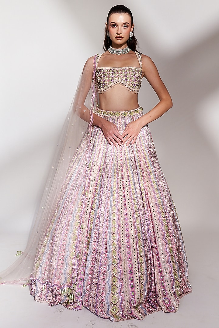 Pastel Pink Tussar Silk Sequins Embroidered Bridal Lehenga Set by Anshika Tak Label at Pernia's Pop Up Shop