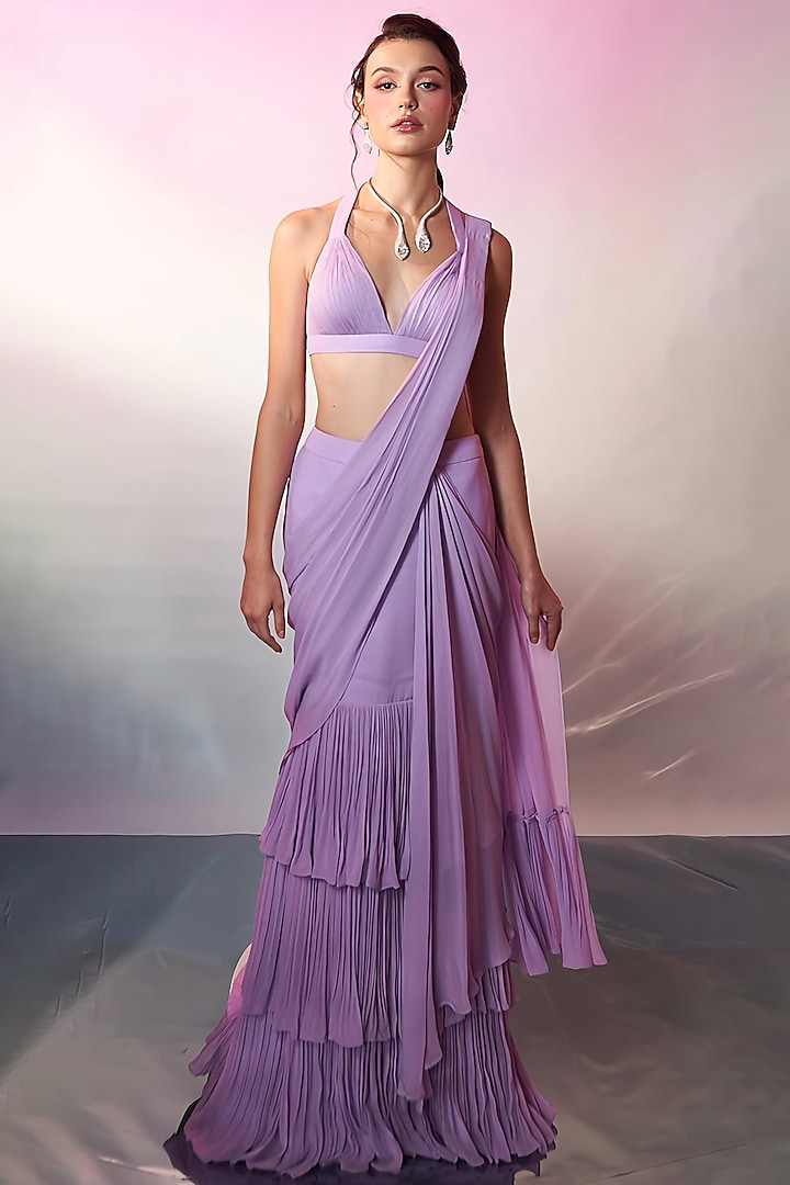 Lavender Georgette Layered Draped Wedding Saree Set by Anshika Tak Label at Pernia's Pop Up Shop