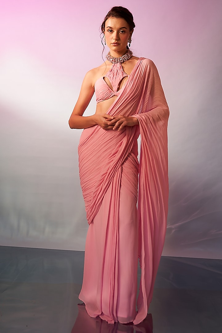 Pastel Pink Georgette Draped Skirt Wedding Saree Set by Anshika Tak Label at Pernia's Pop Up Shop
